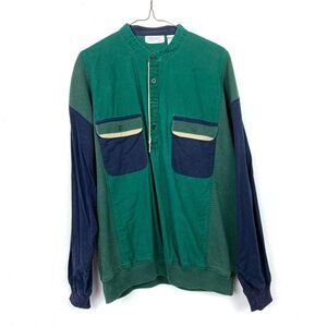 Vintage Alexxus Mandarin Collar Green Blue Colorblock Long Sleeve Shirt Large